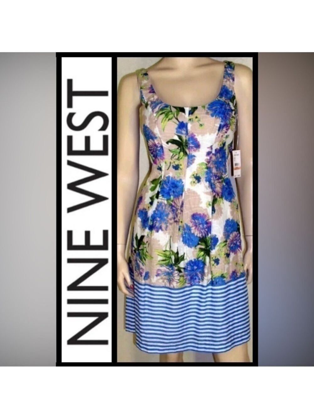 Nine West Spring Blue Floral Midi w Stripe detail Women size 10 excellent cond